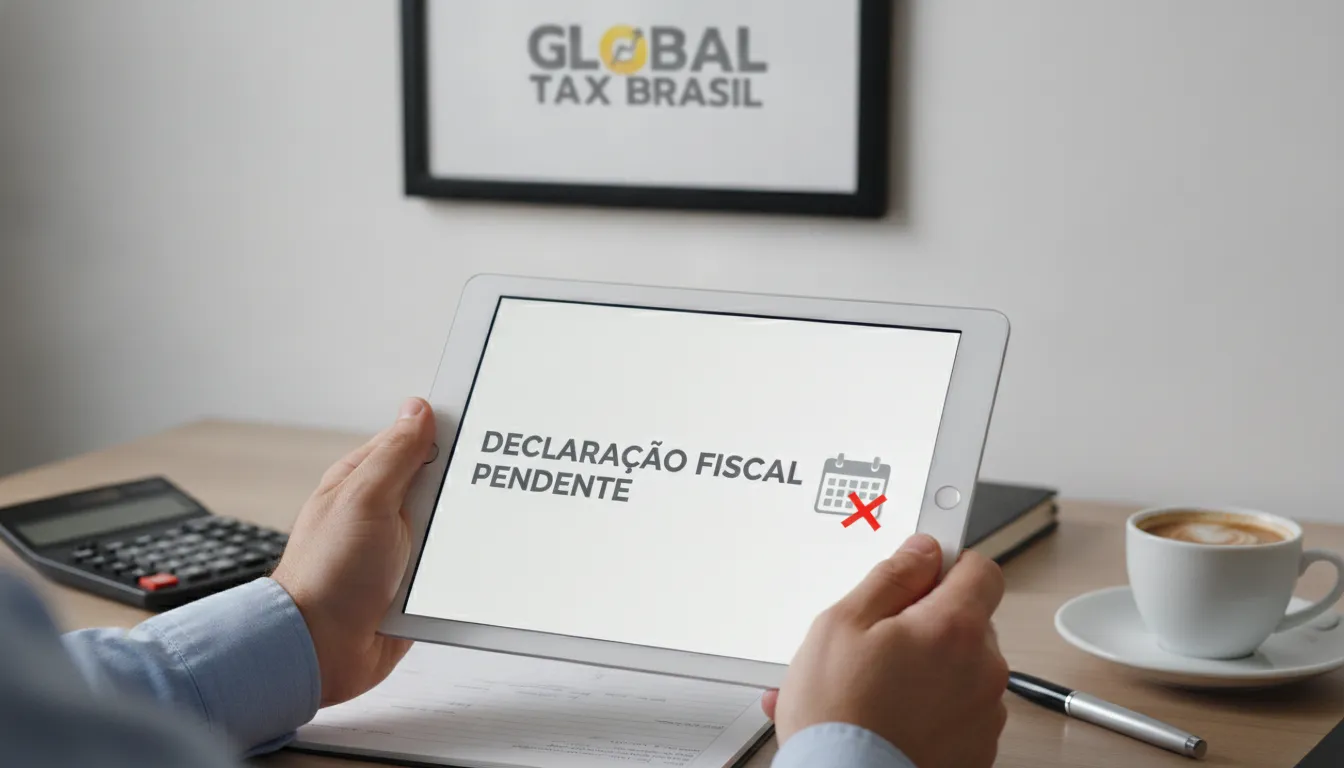 Mãos seguram tablet com declaração fiscal pendente, destacando saída fiscal atrasada e urgência.