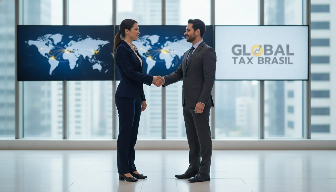 Executivos apertam as mãos, simbolizando acordos e negociações de preço de transferência em operações globais.