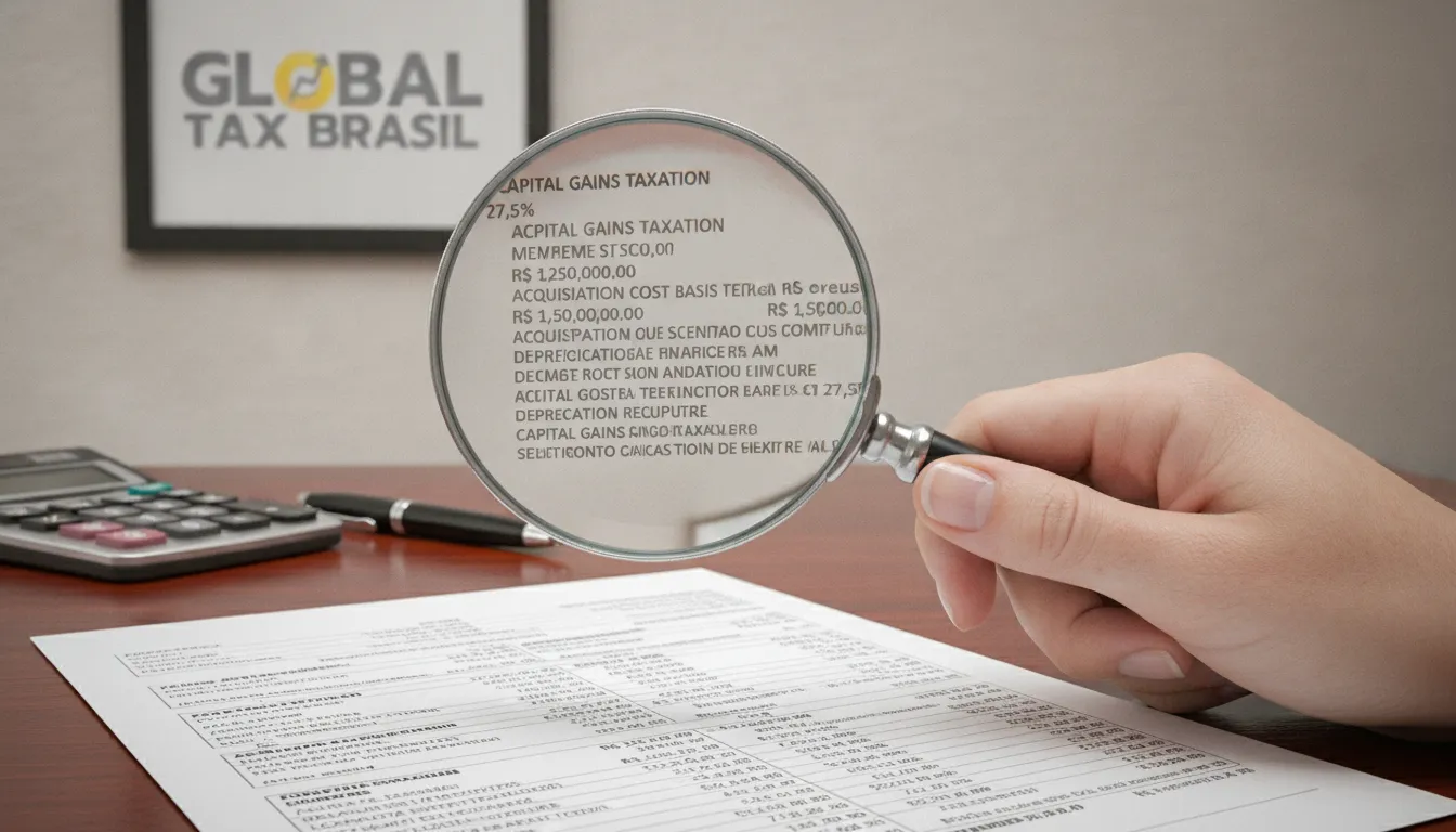 Mão com lupa analisa imposto venda de empresa e detalhes de ganho de capital em documento fiscal.