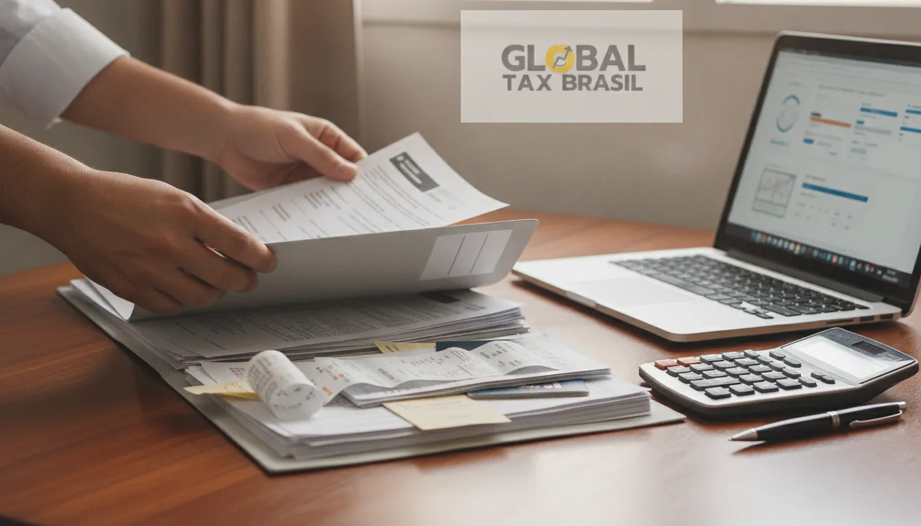 Mãos organizam documentos fiscais e relatórios de compliance tributário, demonstrando atenção aos detalhes.