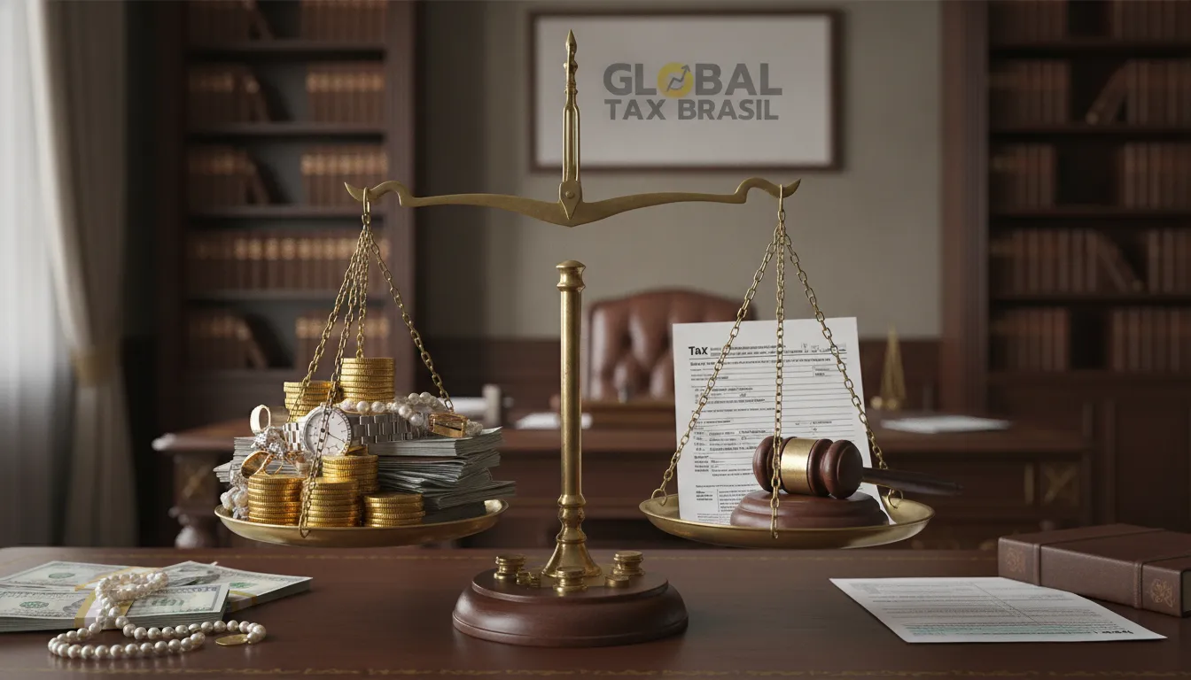 Balança simboliza imposto sobre grandes fortunas, com riquezas de um lado e formulário fiscal do outro.