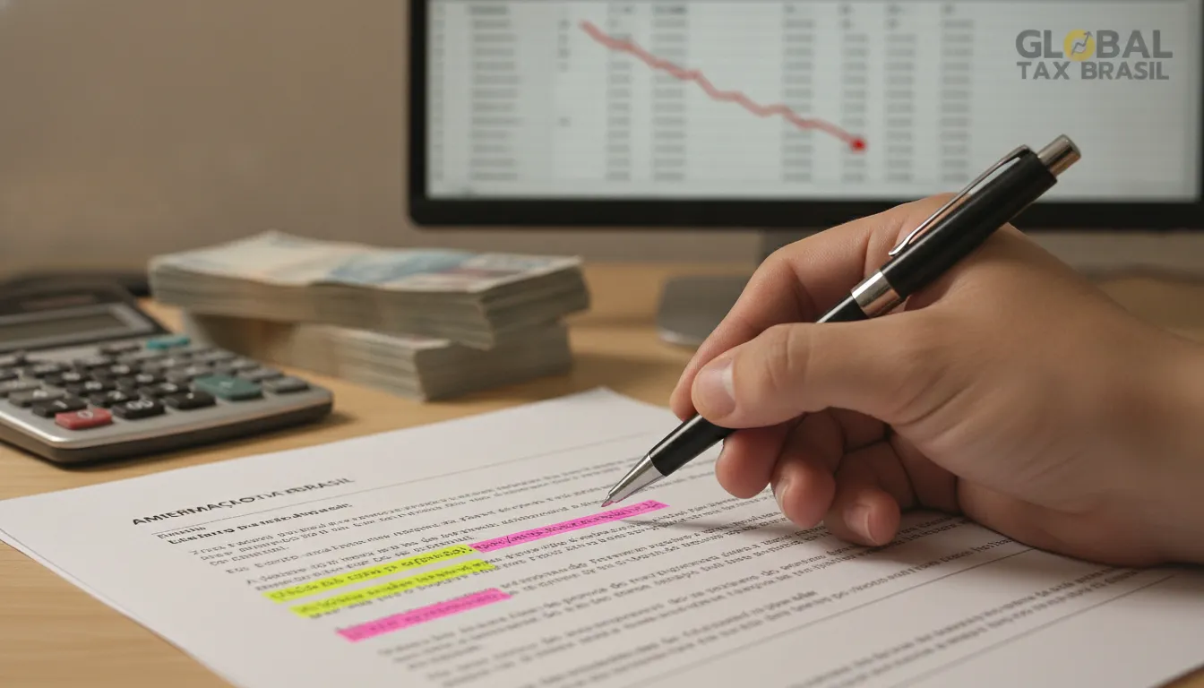 Mão sobre documento legal com calculadora e dinheiro, simbolizando a negociação de transação tributária e redução de multas.