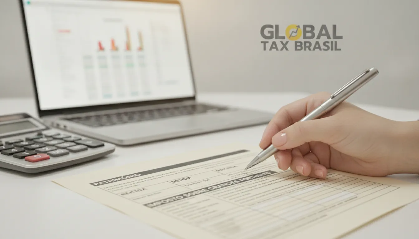 Mãos analisam documento fiscal com foco no imposto sobre grandes fortunas, calculando estratégias tributárias.