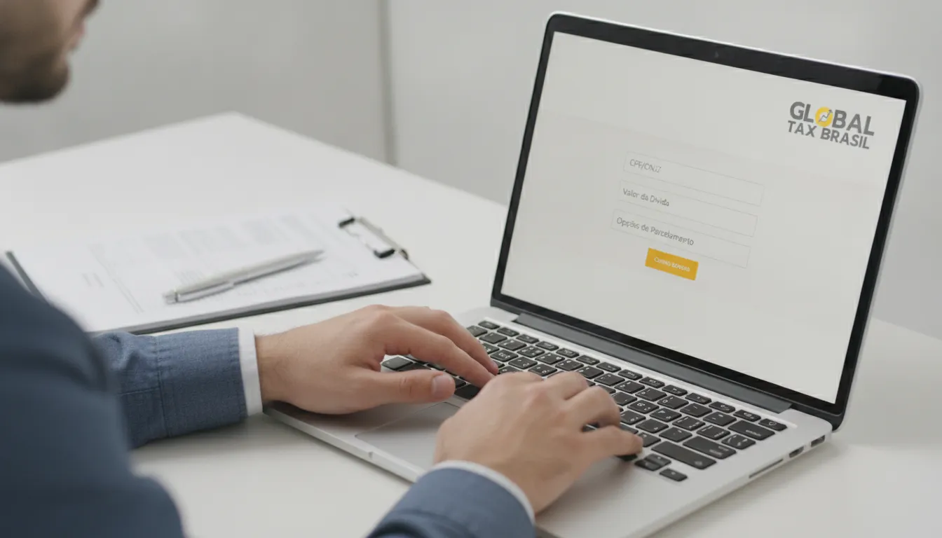 Mãos digitando em laptop, consultando e negociando dívida ativa da união em portal online de forma simplificada.