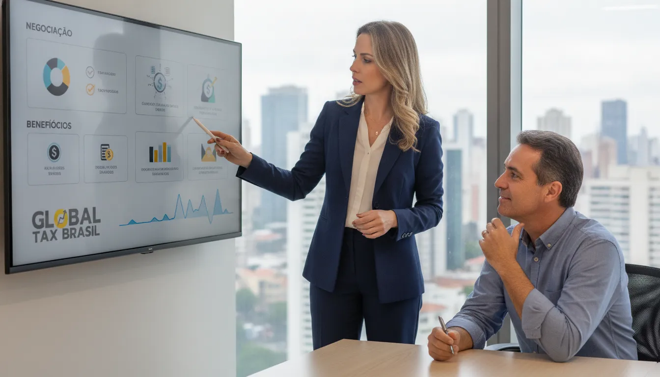 Consultora explica transação tributária para cliente, mostrando redução de multas e juros em apresentação digital.