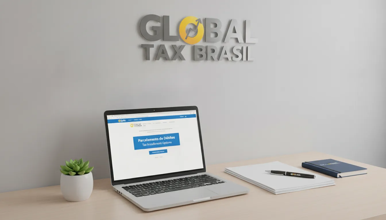 Mesa organizada com laptop exibindo portal de parcelamento imposto de renda, documentos e caneta Global Tax.