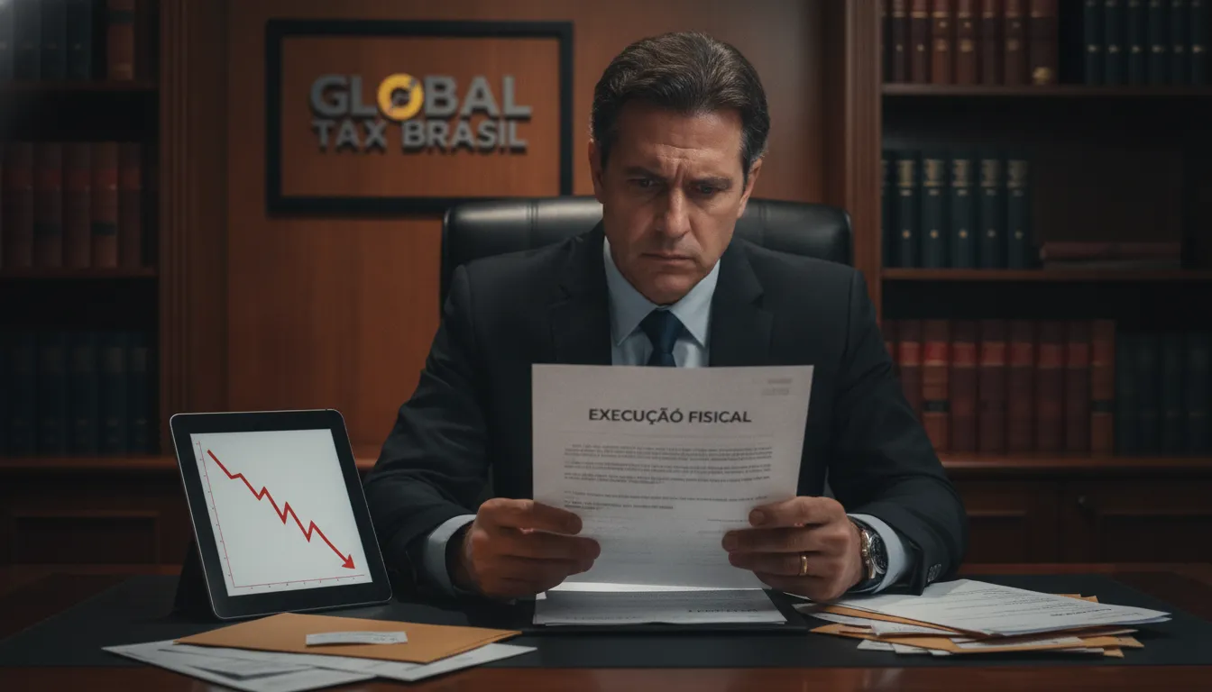 Empresário preocupado analisa documento de execução fiscal em escritório, com gráficos e contas espalhadas.
