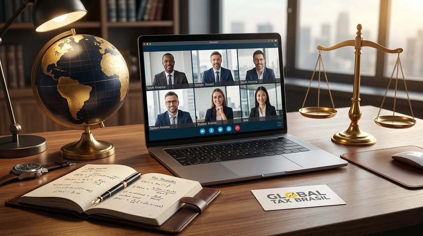 Mesa de trabalho com elementos que representam o acordo bitributação brasil reino unido e a conformidade tributária.