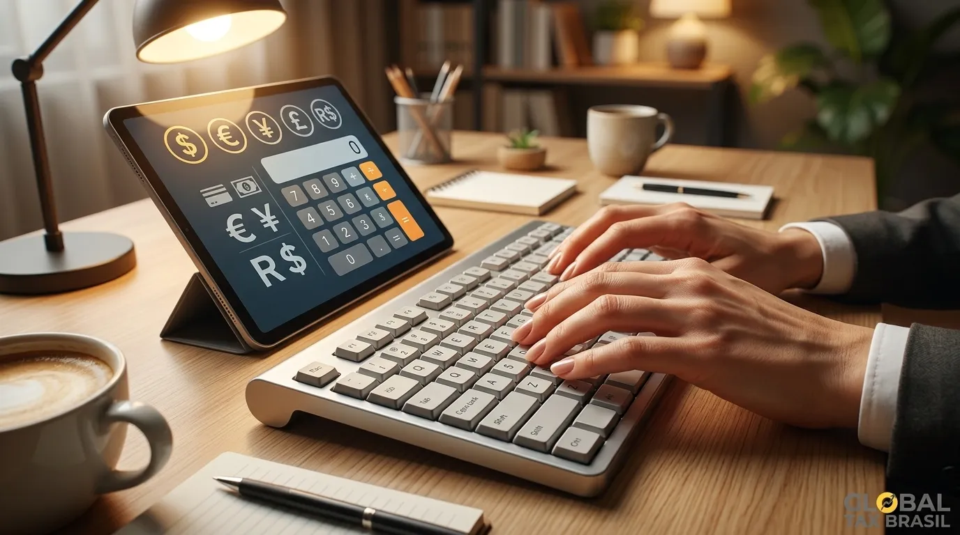 Mãos digitando em teclado ao lado de tablet com dados para imposto de renda criptomoedas.