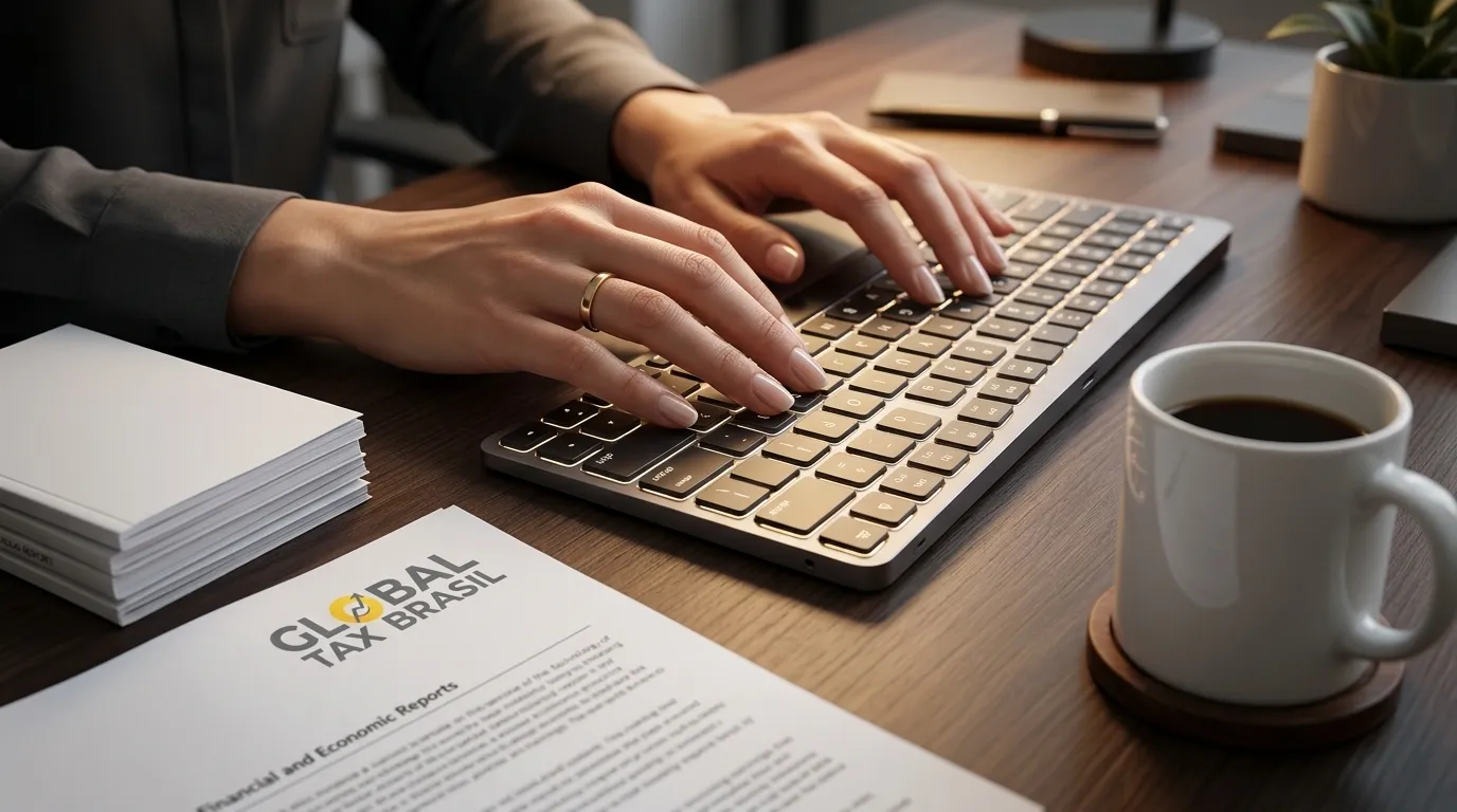 Teclado e relatórios sobre mesa organizando dados da declaração cbe anual.