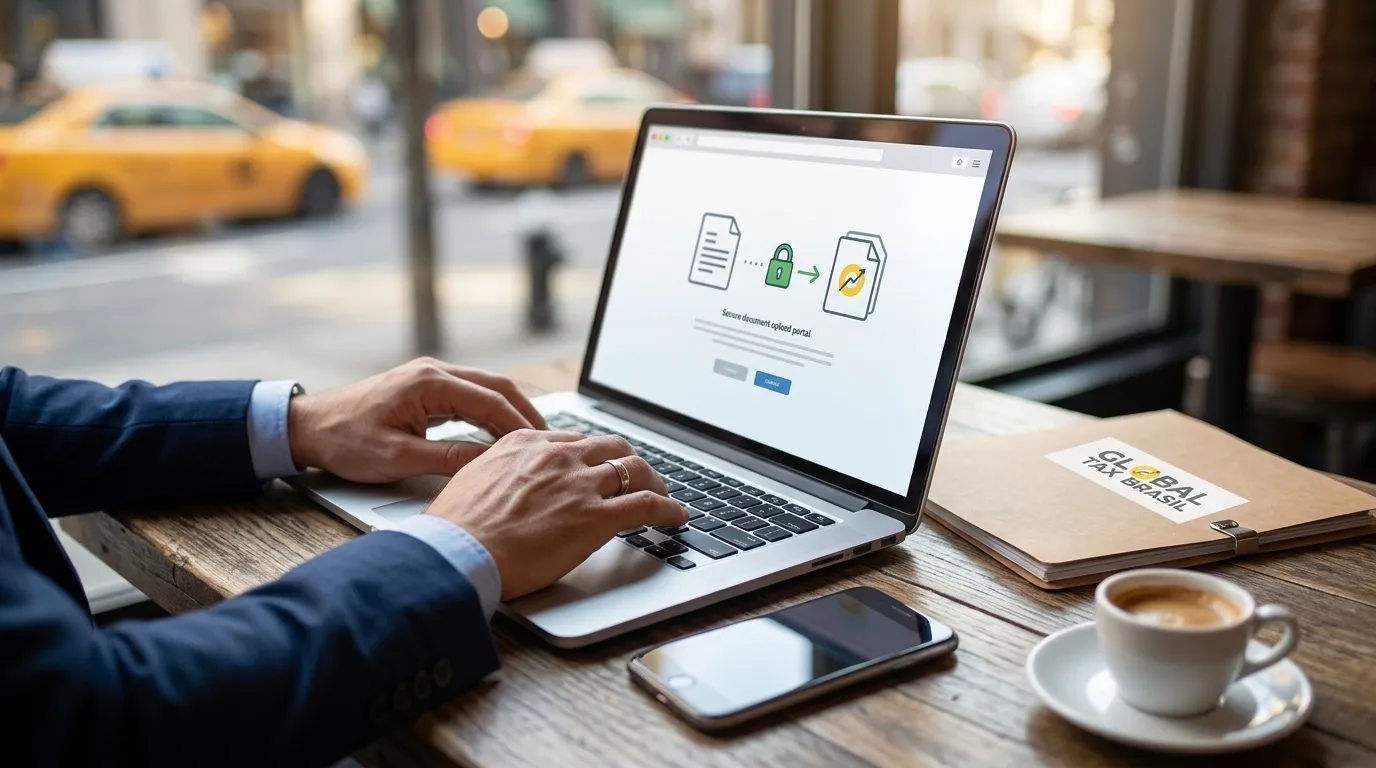 Teclando no laptop para resolver malha fina imposto de renda morando fora do Brasil.