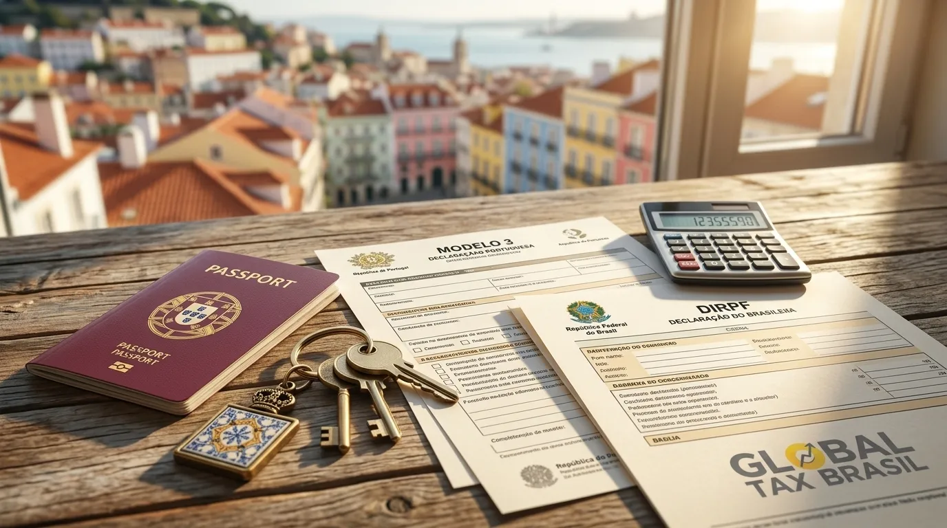 Documentos e passaporte representando a transição do imposto e visto d7 portugal.