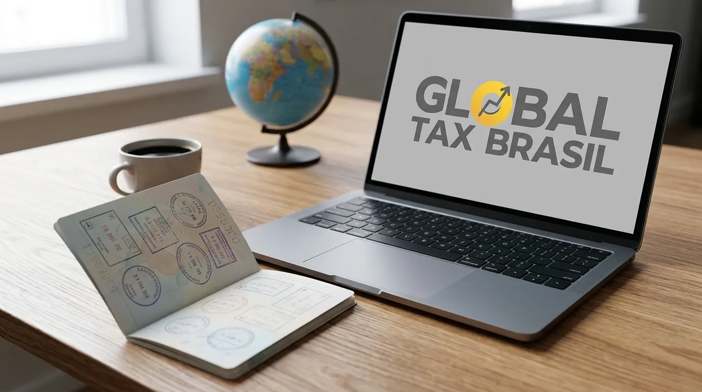Passaporte e notebook simbolizando o processo de saída fiscal internacional.