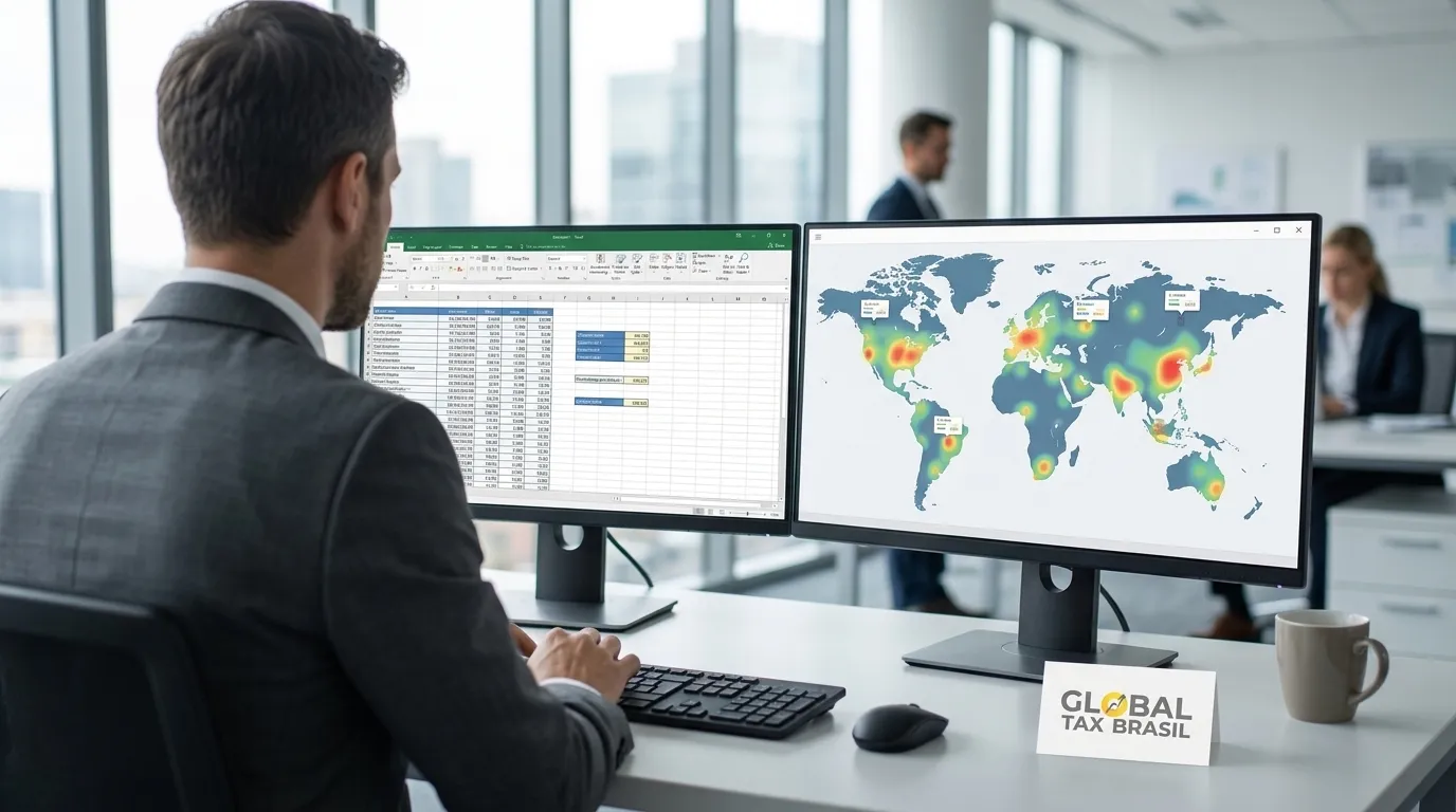 Consultor analisa planilhas e mapas de ativos para declaração de imposto de renda criptomoedas no exterior.