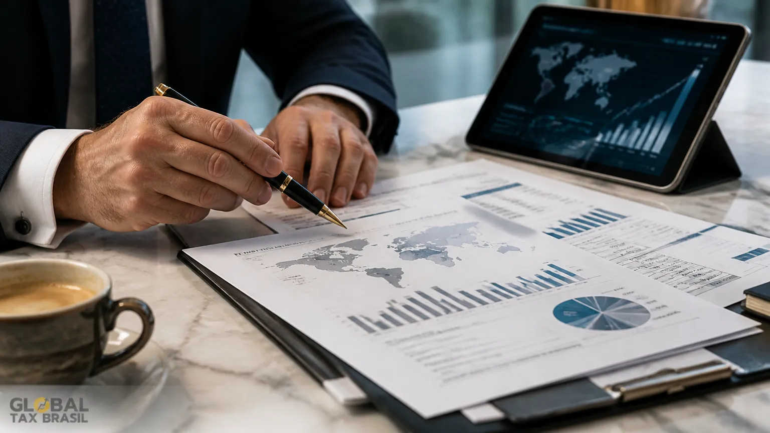 Consultor analisando dados mostrando beneficios da saída fiscal e eficiência tributária.