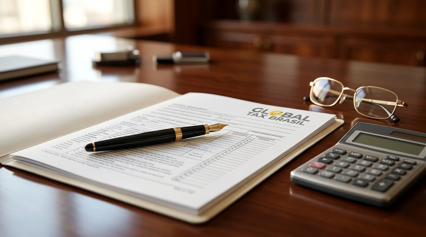 Preenchimento do formulário fiscal W-8BEN brasileiros investimentos EUA sobre mesa de trabalho.