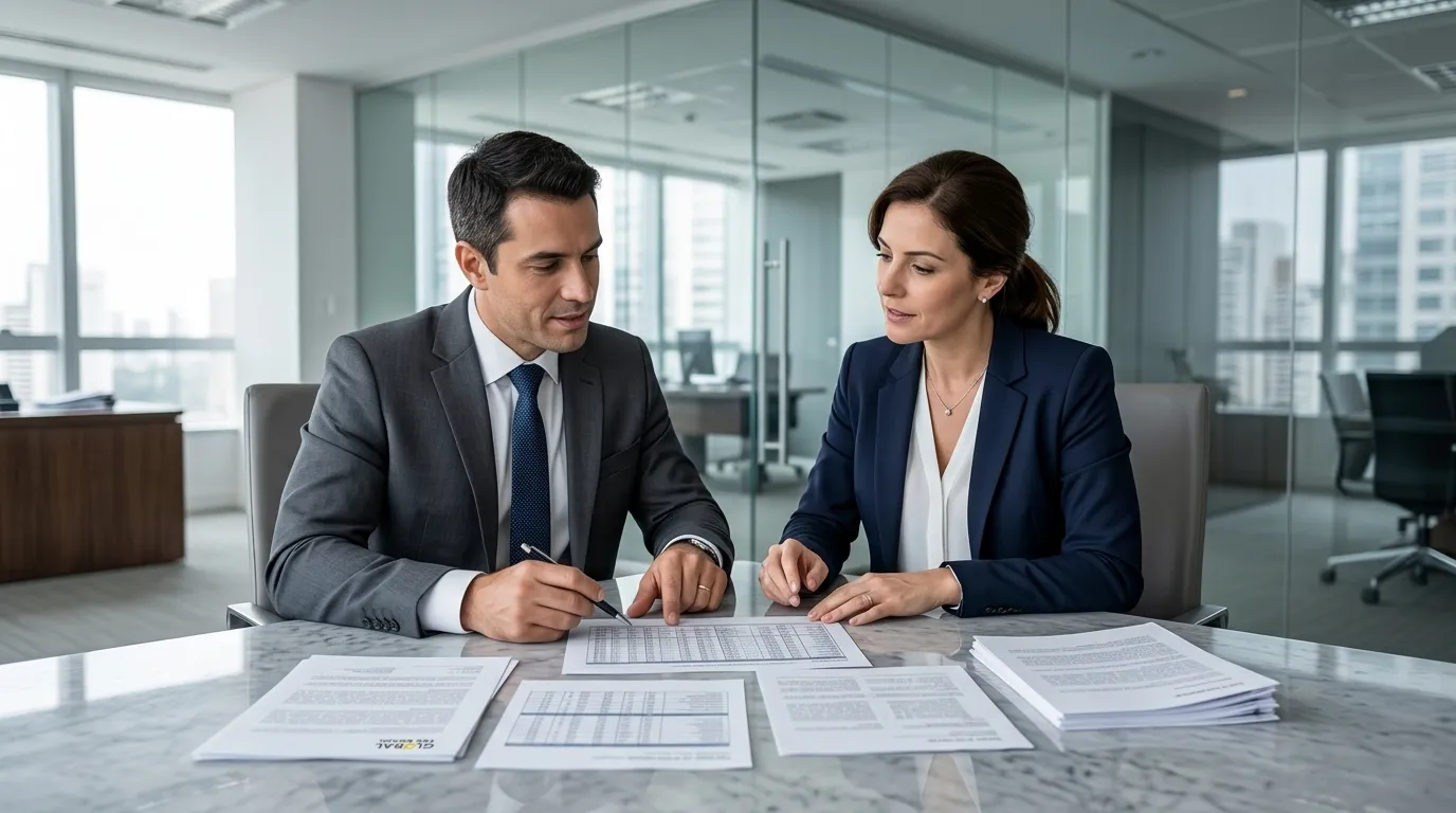 Executivos em reunião estratégica discutindo impactos da bitributação Brasil Alemanha e otimização tributária.