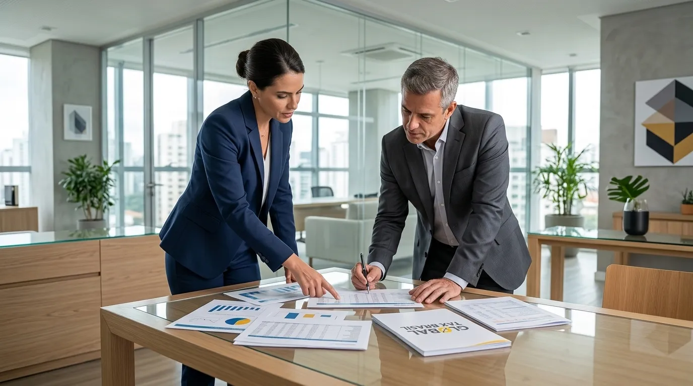 Consultores fiscais analisando acordo de bitributação brasil reino unido para empresas internacionais.