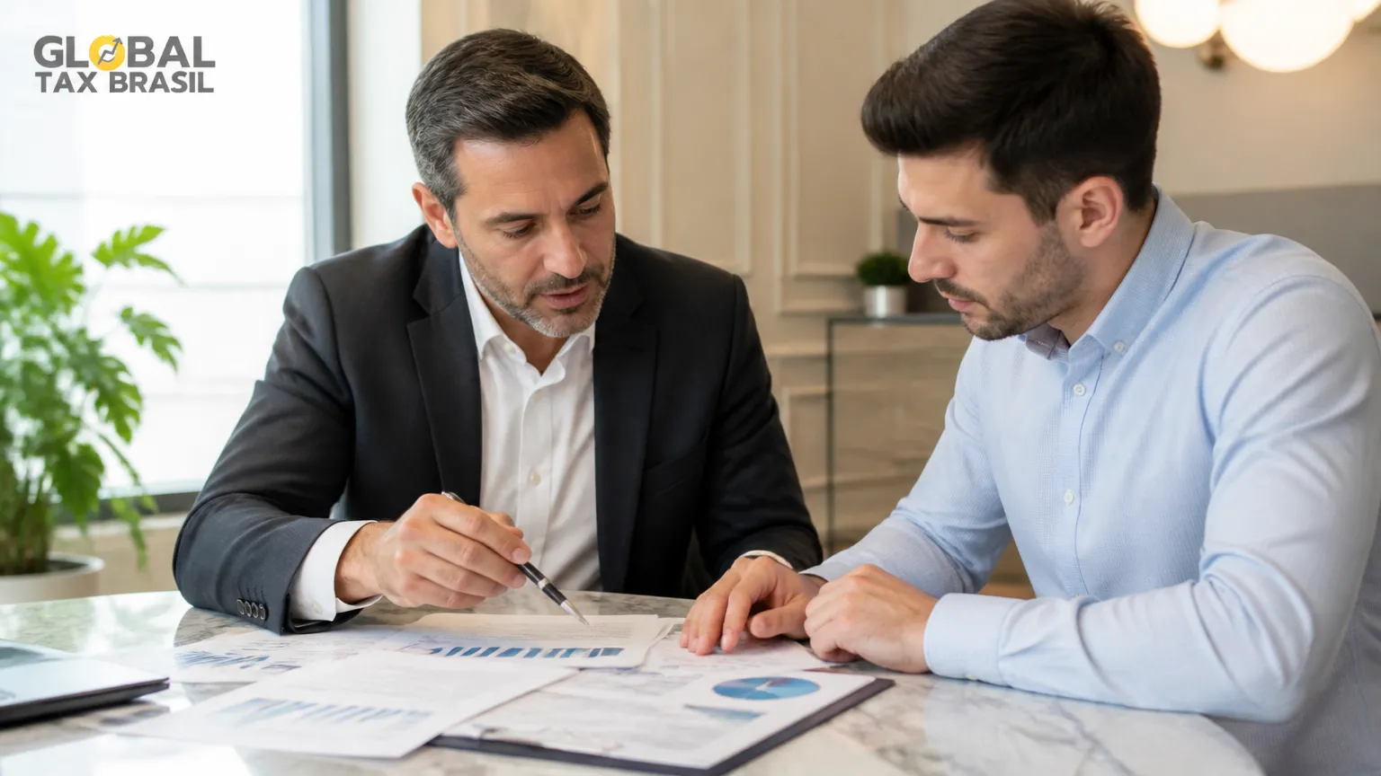 Consultor analisando tributação de seguro de vida internacional com cliente em reunião profissional.