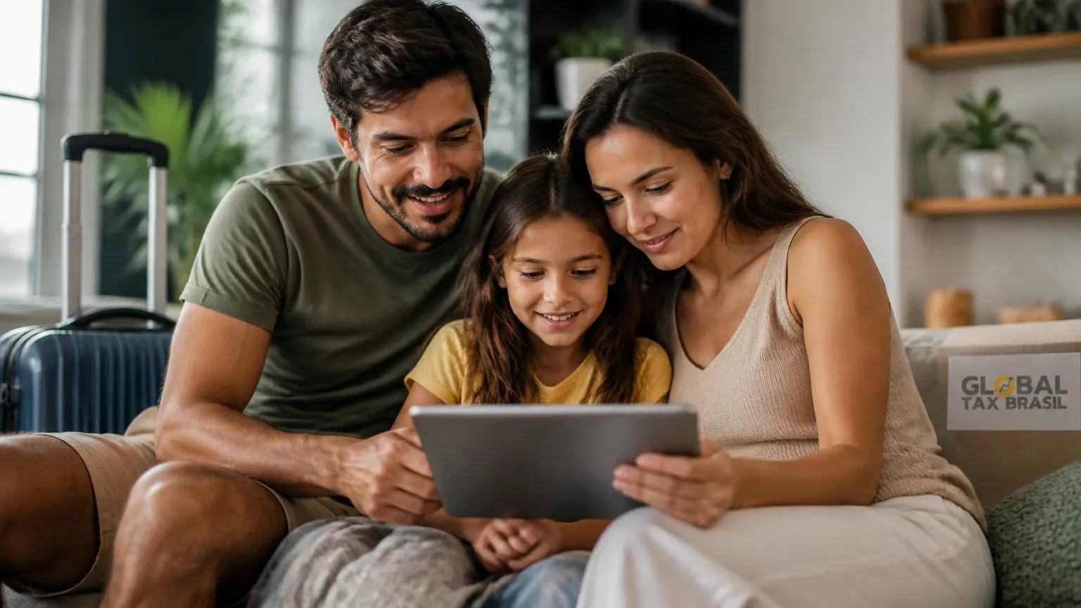 Familia planejando custos de iof remessa exterior em tablet na sala