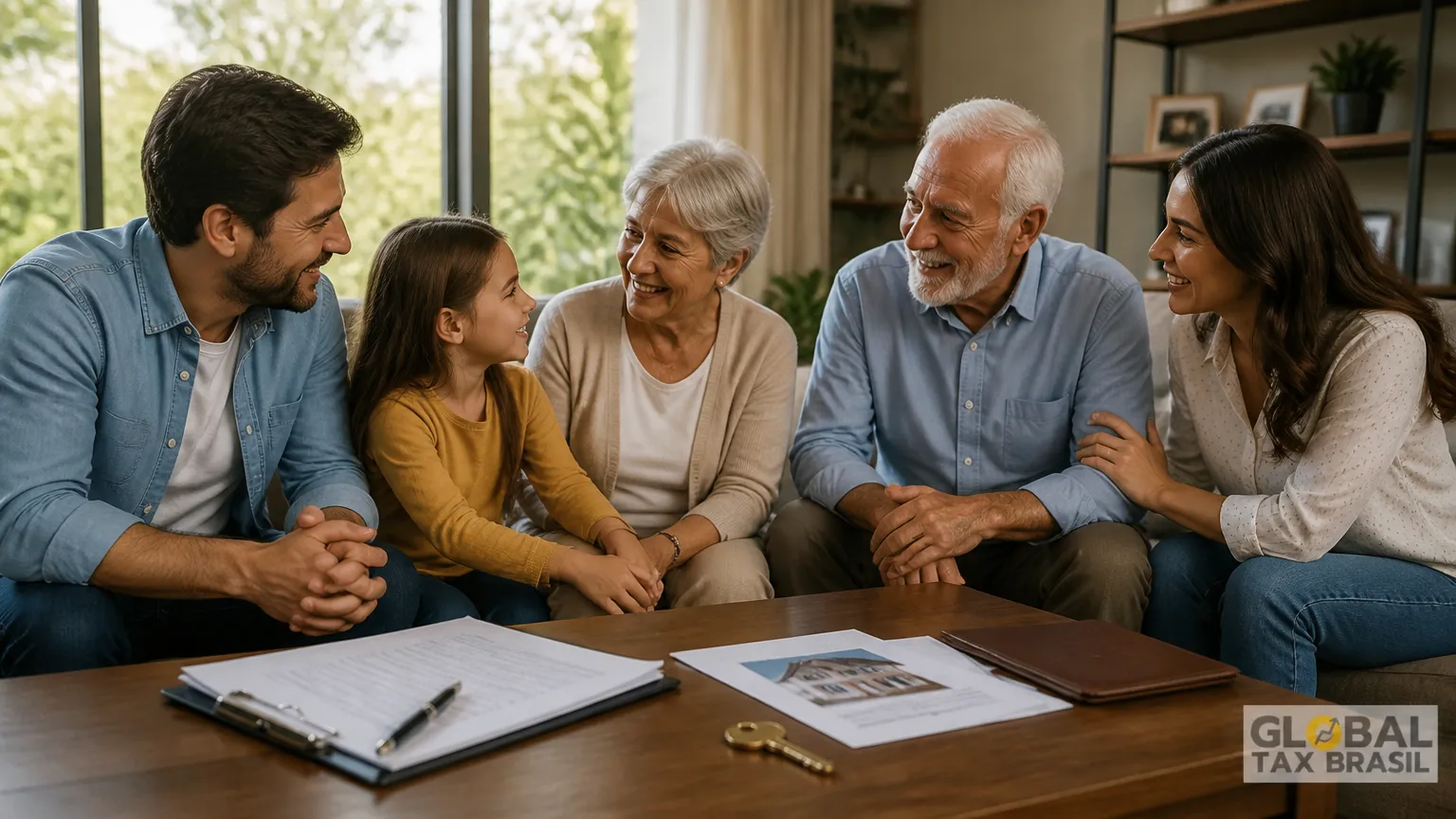 Família reunida representando proteção patrimonial com seguro de vida internacional e herança.