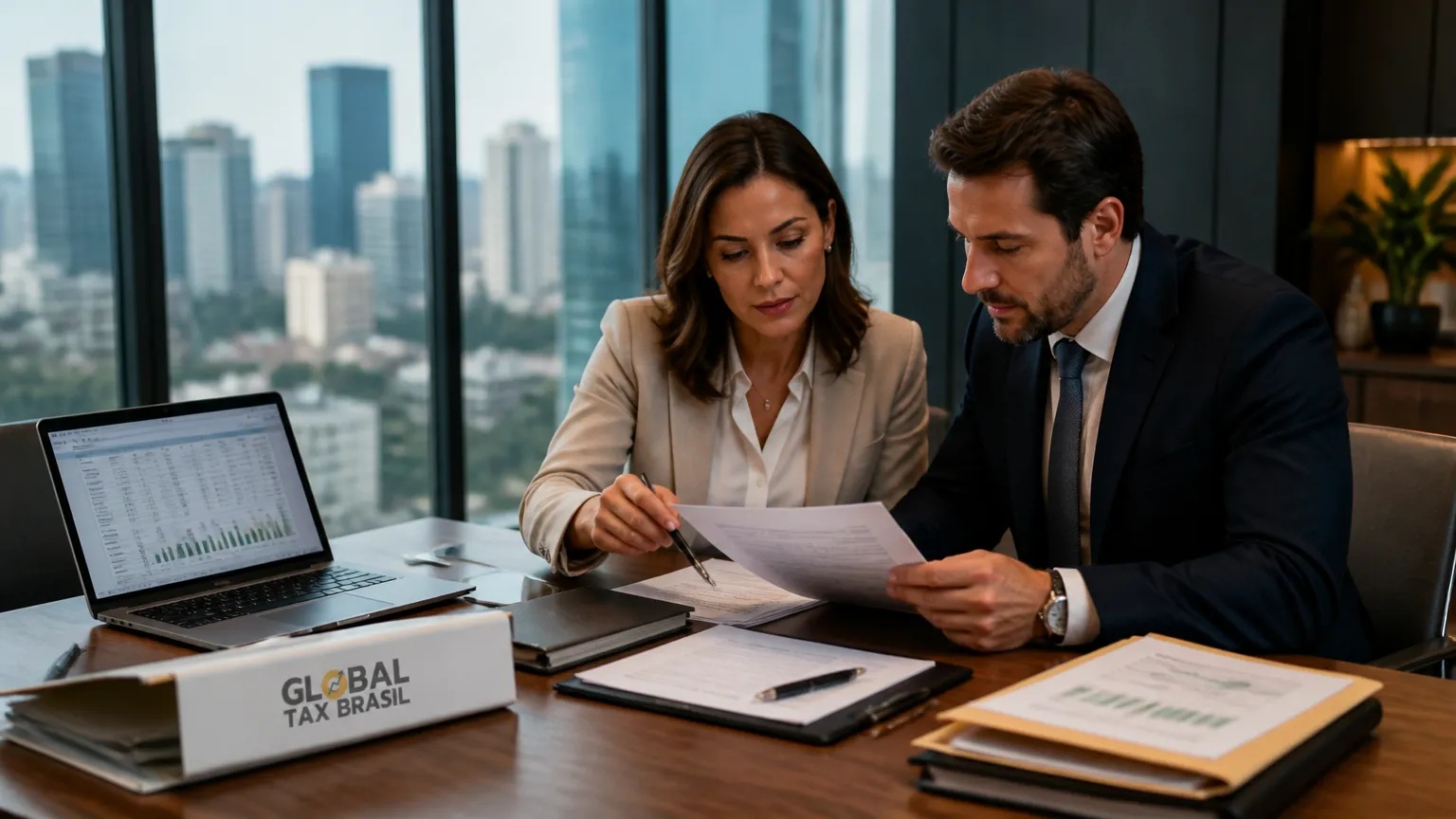 Consultores discutindo declarações de investimentos e obrigações da e-financeira Receita Federal.